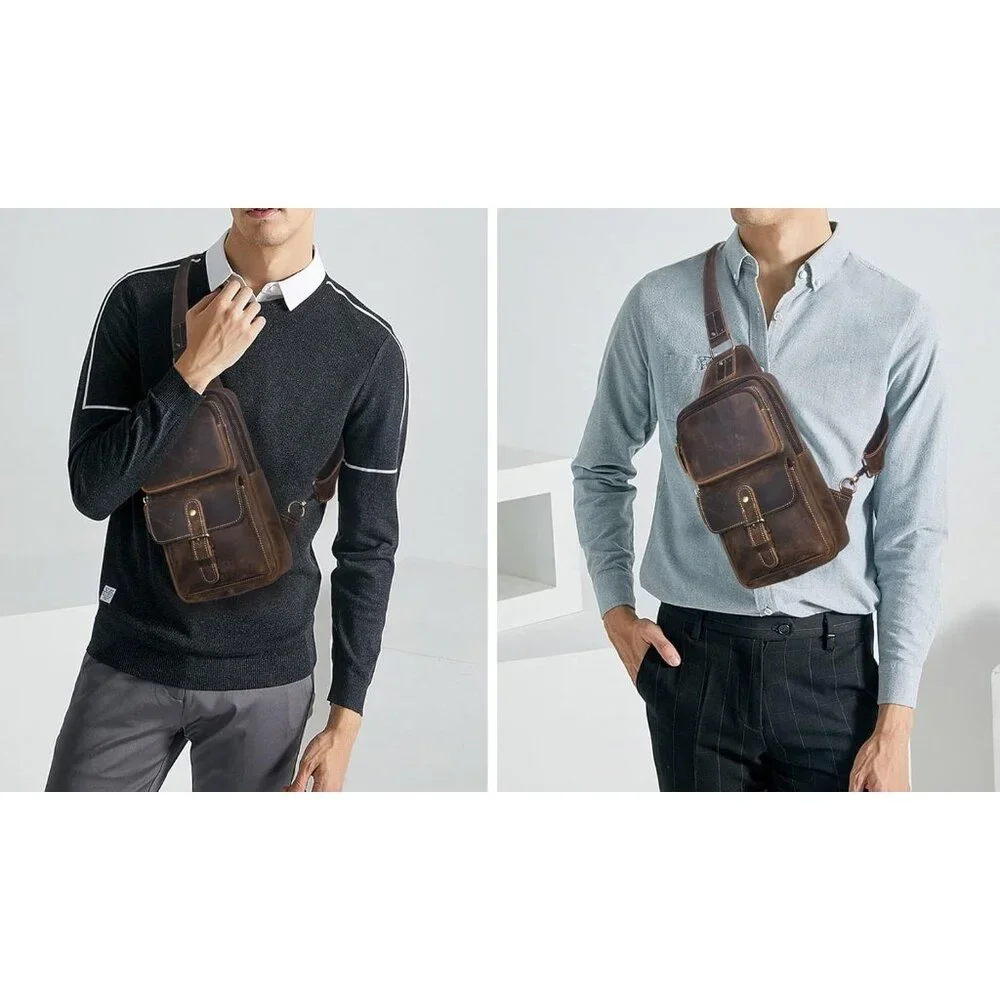 ✨Le'aokuu Men Brown Casual Travel Hiking Chest Bag Rig One Shoulder Strap Bags